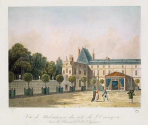 Vista de Malmaison desde el invernadero, grabado por Nicolas Chapuy, c.1810s